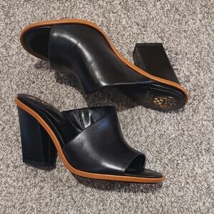 Vince Camuto Black Mules Heels Slide Heels with Tan Trim NWOB